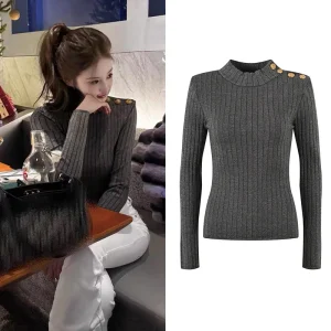 Slim Fit Long Sve Knitted Base irt oulder Button Design Autumn Winter New Sle Color Crew Ne Sweater for Women - AliExpress Sweaters&Jumpers