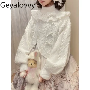 Winter Single-Breasted Bow Wool Short Cardigan Sweet Girls Soft and Versatile Slimming Lantern Sleeve Lolita Coat Sweater - AliExpress Sweaters&Jumpers