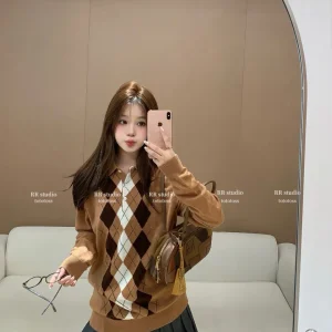Seoul Miu  Ne Knitted Sweater Women's Long Sve Cotton Camere Blend Diamond Pattern Print Loose Fit Warm Outerwear - AliExpress Sweaters&Jumpers
