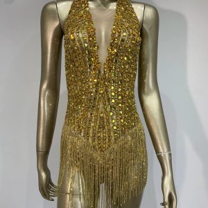 Women Sparkly Gold Rhinestones Chain Tassel Bodysuit Sexy Mesh See Through Dancer Performance Singer Stage Outfit Evening Party - AliExpress Jumpsuits&Rompers