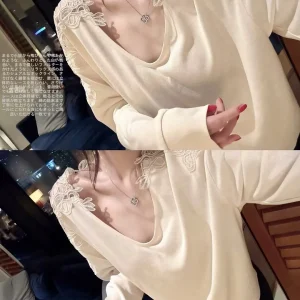Beverly White Moonlight Original Gentle Lace Splicing V-Ne Long Sve Women's Pure Desire Top Soft Viscose Nylon Blend - AliExpress Sweaters&Jumpers