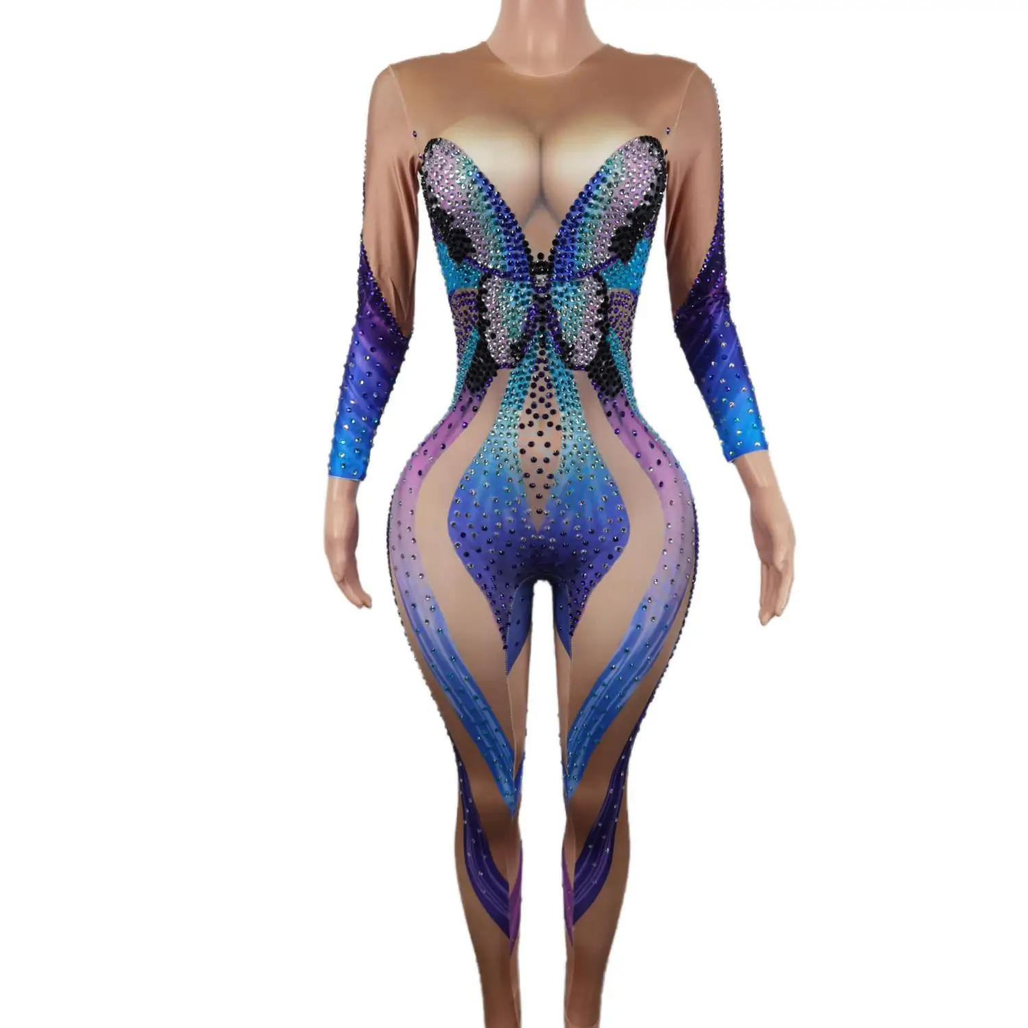 Shiny Blue Butterfly Rhinestone Bodycon Jumpsuit Showgirl Stage Costume Long Sleeves Bodycon Dance Bodysuits Women Party Rompers - AliExpress Jumpsuits&Rompers