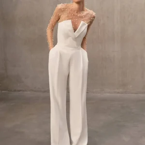 Retro High-Waist One-Piece White Wrap Chest Bubble Bead Straight Leg Host Evening Gown Faion ow Performance Evening Dr - AliExpress Jumpsuits&Rompers