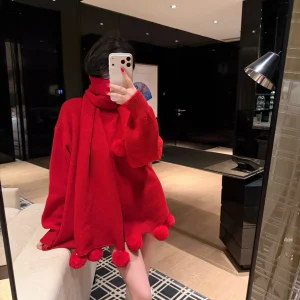 Cisas Sle Women's Knitted Sweater with Scarf Mid-Length Warm Thiened Long Sve Cisas New Year Red Lazy Aosphe... - AliExpress Sweaters&Jumpers