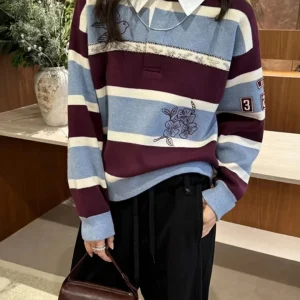 Spring 2026 Women's Knitted Stripe  Ne Sweater Embroidered Fake Two-Piece Color Blo Casual Loose Long Sve Top - AliExpress Sweaters&Jumpers