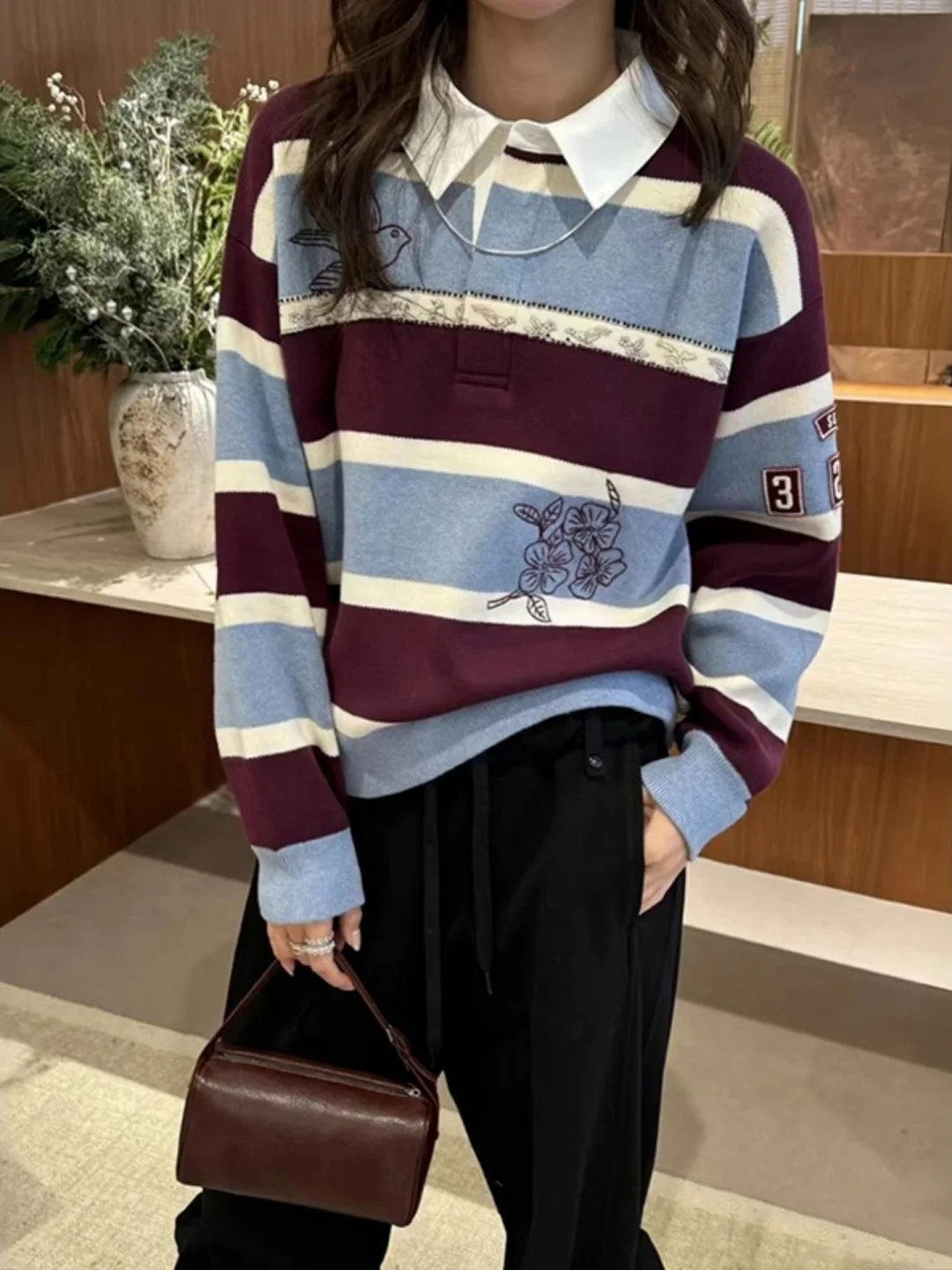 Spring 2026 Women's Knitted Stripe Ne Sweater Embroidered Fake Two-Piece Color Blo Casual Loose Long Sve Top - AliExpress Sweaters&Jumpers