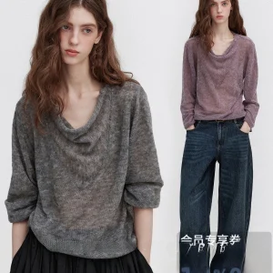 Retro Dyed Knitwear U-Neck Fine Woolen Cloud Feeling Large U-Neck Knitted Sweater for Women British Style Commute Wind - AliExpress Sweaters&Jumpers
