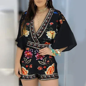 Printed Deep V Jumpsuit Shorts Women's 2025 Spring and Summer New Models European and American Foreign Trade Cross-border - AliExpress Jumpsuits&Rompers