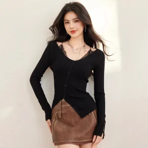 Sexy slim fit women's solid color black V-neck lace patchwork knit shirt with unique diagonal buckle design as the base layer - AliExpress Sweaters&Jumpers