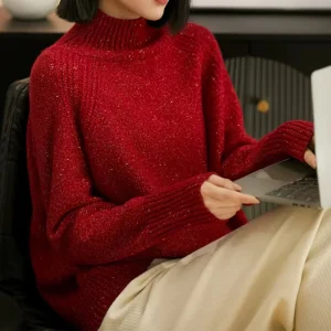 Korean Style Solid Color Gold Silk Bright Thread Worsted Wool Pullover Knitting Bottoming Loose Lazy Turtleneck Women's Thickene - AliExpress Sweaters&Jumpers