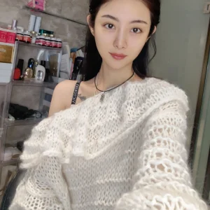 Lotus collar long sleeved hollow women's pullover loose and lazy mohair knitted sweater fairy soft top early autumn new item - AliExpress Sweaters&Jumpers