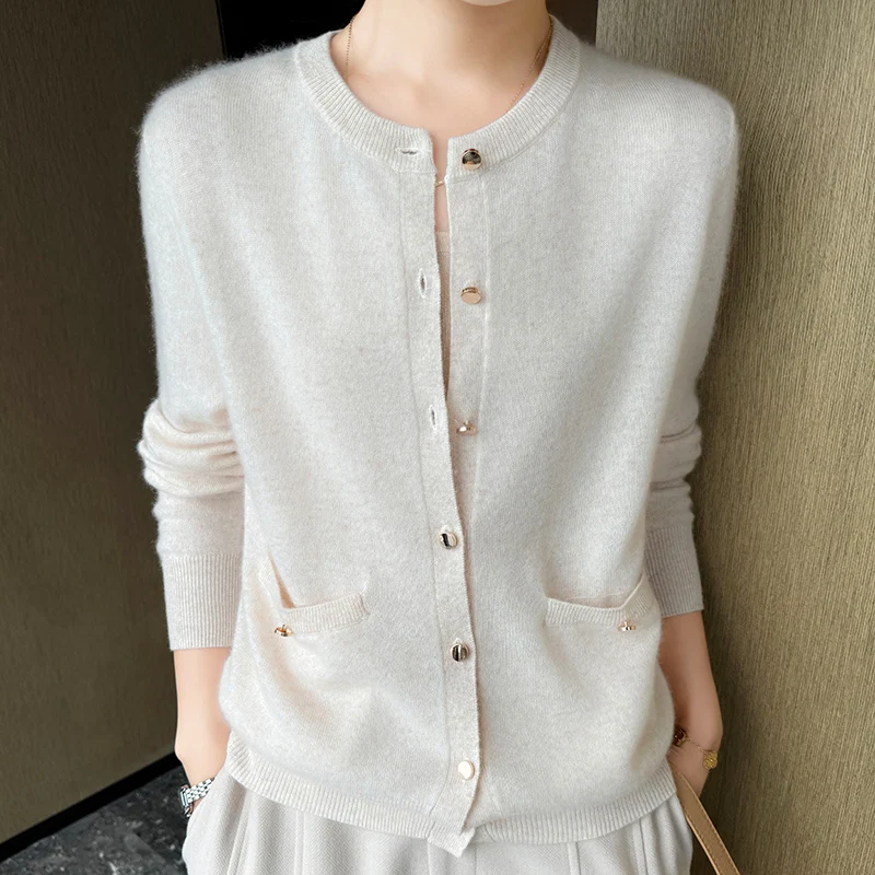2024 new women's O-neck cardigan 100% pure cashmere women's knitted jacket long sleeved solid color cashmere sweater - AliExpress Sweaters&Jumpers