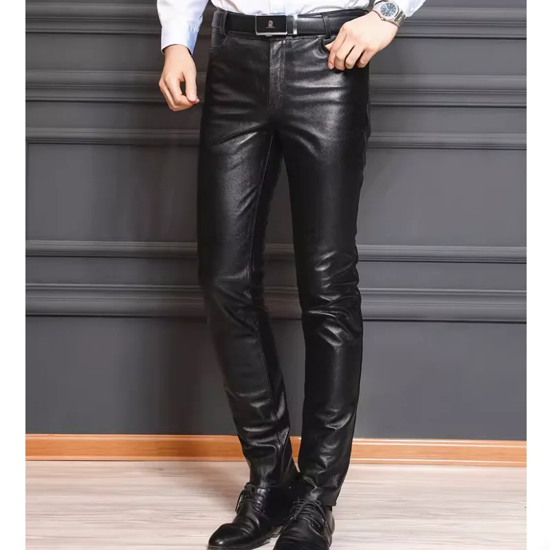 Men's Slim Fit Top Layer Cowhide Tight Casual Cycling Leather Pants - AliExpress Pants