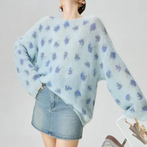 Blue Floral Print Loose Knitted Top Lazy Style Spring New Arrival Women's Casual Fashion Vintage Flair Long Sleeve Crew Neck - AliExpress Sweaters&Jumpers