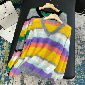 Soft Rainbow Striped Knitted Sweater Wool Blend V-Neck Long Sleeve Comfortable Casual Style Fashionable Winter Essential - AliExpress Sweaters&Jumpers