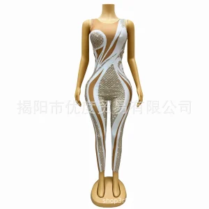 Sleeveless Tight Sexy Bright Perspective Mesh Rhinestone Birthday Party Night Jumpsuit Performance AB Color Party Dresses Luxury - AliExpress Jumpsuits&Rompers