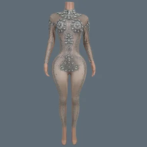 Spandex Elastic Tight Fitting Jumpsuit Stunning Rhinestone Applique Long Sleeve Unitard for Showgirl Cabaret Party Outfit Hulu - AliExpress Jumpsuits&Rompers