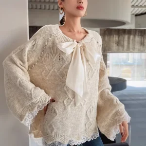 French Elegant Fashion Ribbon Lace-up Bow Lace Spliced Beaded Knitted Sweater Women's Loose Apricot Pullovers Tops 2026 Spring - AliExpress Sweaters&Jumpers