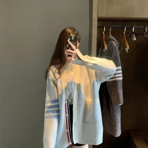 Heavyweight Knitted Sweater Jaet Women's College Sle Baby Blue V-ne Open Cardigan Top Cabinet Version Long Sve Cotton - AliExpress Sweaters&Jumpers