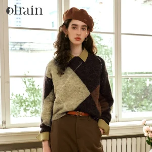 OLrain Spliced Argyle Pullovers Women 2026 Autumn French Style Wool Blend Loose Fit Round Neck Long Sleeve Cozy Tops E56QM93980 - AliExpress Sweaters&Jumpers