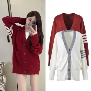 Autumn 2023 New Sle Women's Knitted Open Cardigan Sweater Four Stripe Loose Top Couple's Soft Sle Faion College Wind - AliExpress Sweaters&Jumpers