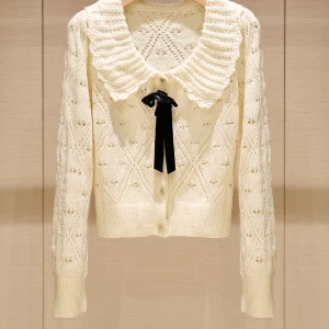 Knitted Sweater Women's Faion Design Hollow out  Knot Embellied Pearl Casual Long Sve Top - AliExpress Sweaters&Jumpers