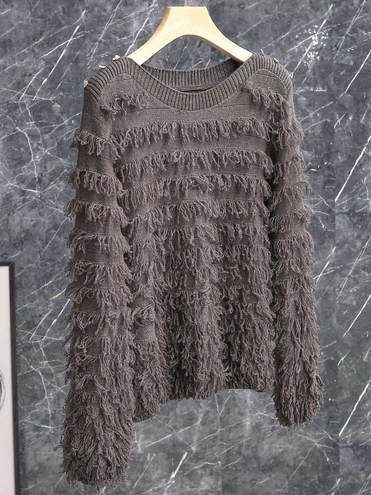 Elegant Woolen Knitted Sweater Tassel Trim One Shoulder Design Luxury Brand Name Lady Commute Style Long Sleeve Short Length - AliExpress Sweaters&Jumpers