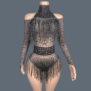 Women's Black Tassel Dance Bodysuit Spandex Skinny Sexy Jumpsuit Club Dance Troupe Singer Bodysuit Party Showgirl Wear Nvtuan - AliExpress Jumpsuits&Rompers