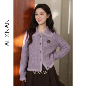 ALXNAN Purple Knit Cardigan Women 2026 Spring Furry Trim Lapel Long Sleeve Sweater Elegant Casual Ladies Tops with Brooch L60815 - AliExpress Sweaters&Jumpers
