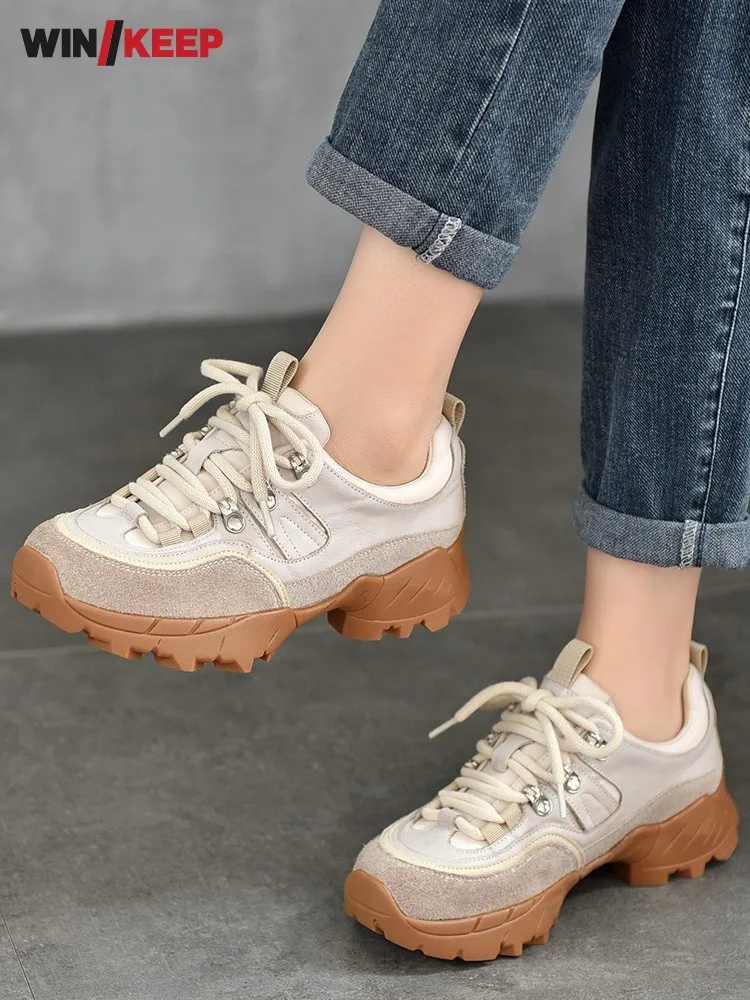 2025 New Ladies Retro Hiking Outdoor Shoes Lace Up Shoes Genuine Leather Thick Platform Antiskid Camping Sport Sneakers Trekking - AliExpress Sneakers