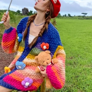 2026 Autumn And Winter New Holiday Bohemian Handmade Rainbow Striped Cardigan Sweater Contrast Color Flower Women Sweater Jacket - AliExpress Sweaters&Jumpers