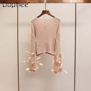Spring New Korean Chic Sweet Princess Patchwork Feather Long Sleeve Hollow Out Sweater Elegant Fashion Loose Slim Knitted Top - AliExpress Sweaters&Jumpers