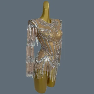 Sparkly Sequins Rhinestone Tassel See Through Mesh Bodysuit Sexy Showgirl gig Outfit Dance Party Long Sleeved Bodysuit Yixing - AliExpress Jumpsuits&Rompers