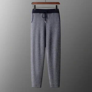 New Autumn Winter Men's Knitted Herringbone Pattern Thick Straight Leg Pants 100% Merino Wool Elastic Waist Small Leg Pants Warm - AliExpress Pants