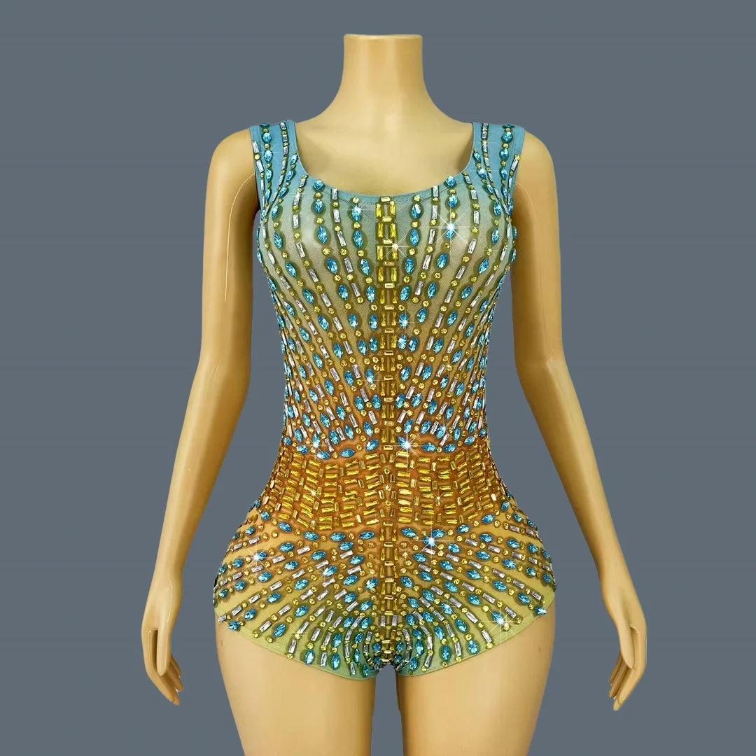 New Sparkly Rhinestone Elastic Spandex Bodysuit Women's Club Bars Sexy Dance Show Crystals Vest Bodysuit Party Stage Wear Sitiao - AliExpress Jumpsuits&Rompers