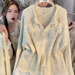 Ladies' Knitted Sweater Beaded Dstring Flower 3D Embroidery Lazy Sle Large Size French Sle Spring New Arrivals - AliExpress Sweaters&Jumpers