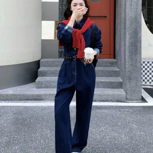 Sli Casual One-Piece Pants for Women Early Spring New Deep Blue Denim Collar Single Button Color Blo High Waist Casual ... - AliExpress Jumpsuits&Rompers