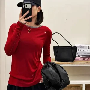 Trendy Layered Color Blo round Ne Long Sve Knitted T-irt Women's Casual Sle Elastic True Two-Piece Knitwear - AliExpress Sweaters&Jumpers