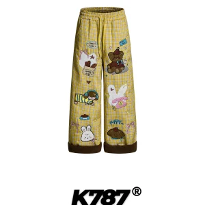 K787 American Retro Cartoon Bear Plaid Men's Casual Pants Dstring Loose Fce Warm Straight Leg Cotton Trousers - AliExpress Pants