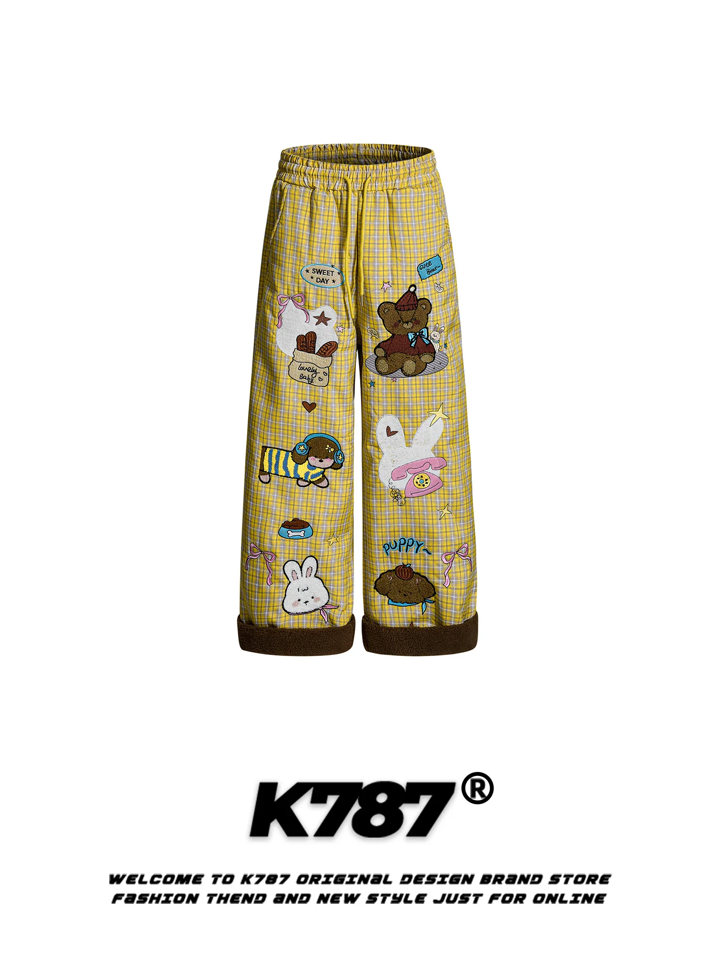 K787 American Retro Cartoon Bear Plaid Men's Casual Pants Dstring Loose Fce Warm Straight Leg Cotton Trousers - AliExpress Pants