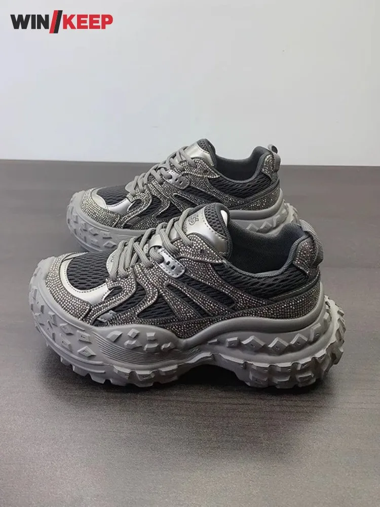 Thick Bottom Diamonds Women Sport Shoes Patchwork Mesh New Spring Summer Breathable Running Trainers Lace Up Platform Sneakers - AliExpress Sneakers
