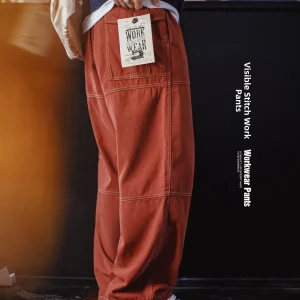 American Retro Workwear Pants Multiple Pockets Straight Leg Wide Leg Casual Trousers Men Spring Brick Red Sewn Line Men's Cas... - AliExpress Pants