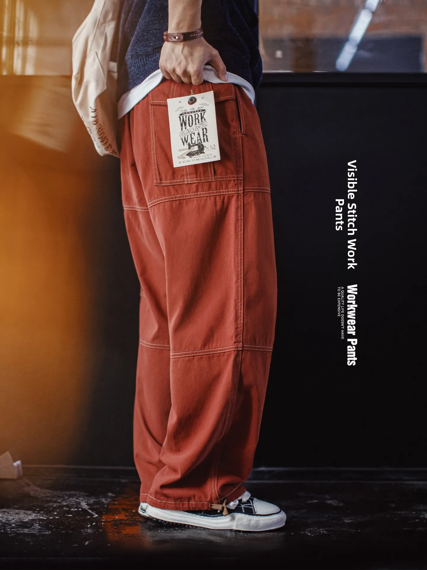 American Retro Workwear Pants Multiple Pockets Straight Leg Wide Leg Casual Trousers Men Spring Brick Red Sewn Line Men's Cas... - AliExpress Pants