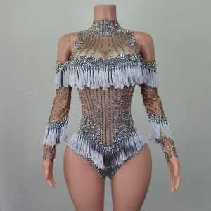 Sexy Silver Rhinestone Tassel Stage Performance Bodysuits Women Drag Show Festival Outfit Club Jumpsuit Aerial Dance Leotard - AliExpress Jumpsuits&Rompers