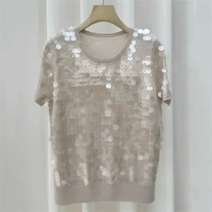 Women's sweater 2026 Spring new elastic knitted slim fit short sleeved top Wool blend pullover sequin decoration women's t-shirt - AliExpress Sweaters&Jumpers