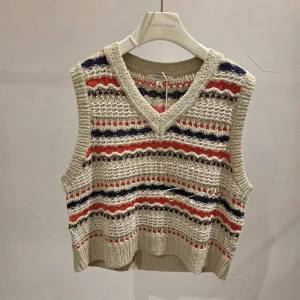 Korean Style Knitted Hooked Flower Vest V-Neck Color Block Striped Commute Versatile Slimming Base Layer Shirt Sleeveless - AliExpress Sweaters&Jumpers