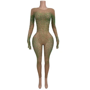 Tiaotiaotang Luxury Party Jumpsuit Green Rhinestone See Through Mesh Tight Pants Bar Performance Outfit Birthday Cocktail Gowns - AliExpress Jumpsuits&Rompers