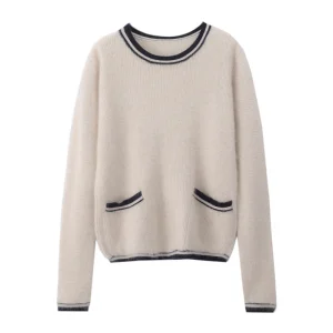 Chic Preppy Style O-Neck Spliced Autumn Winter Women's Pullovers Sweater Pocket 100% Mink Cashmere Casual Loose Basic Soft Warm - AliExpress Sweaters&Jumpers