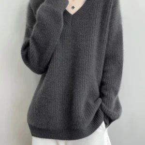 New Spring Autumn V-Neck Solid Color Stripe Loose Pullover 100% Merino Wool Knit Women's Sweater Classic Style Soft Tops - AliExpress Sweaters&Jumpers