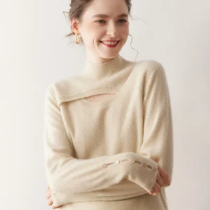 100% Cashmere Sweater Women Cut Out Neckline Pullover Autumn Winter Threaded Cuff Button Hollow Out Design Knitwear Clothing Top - AliExpress Sweaters&Jumpers